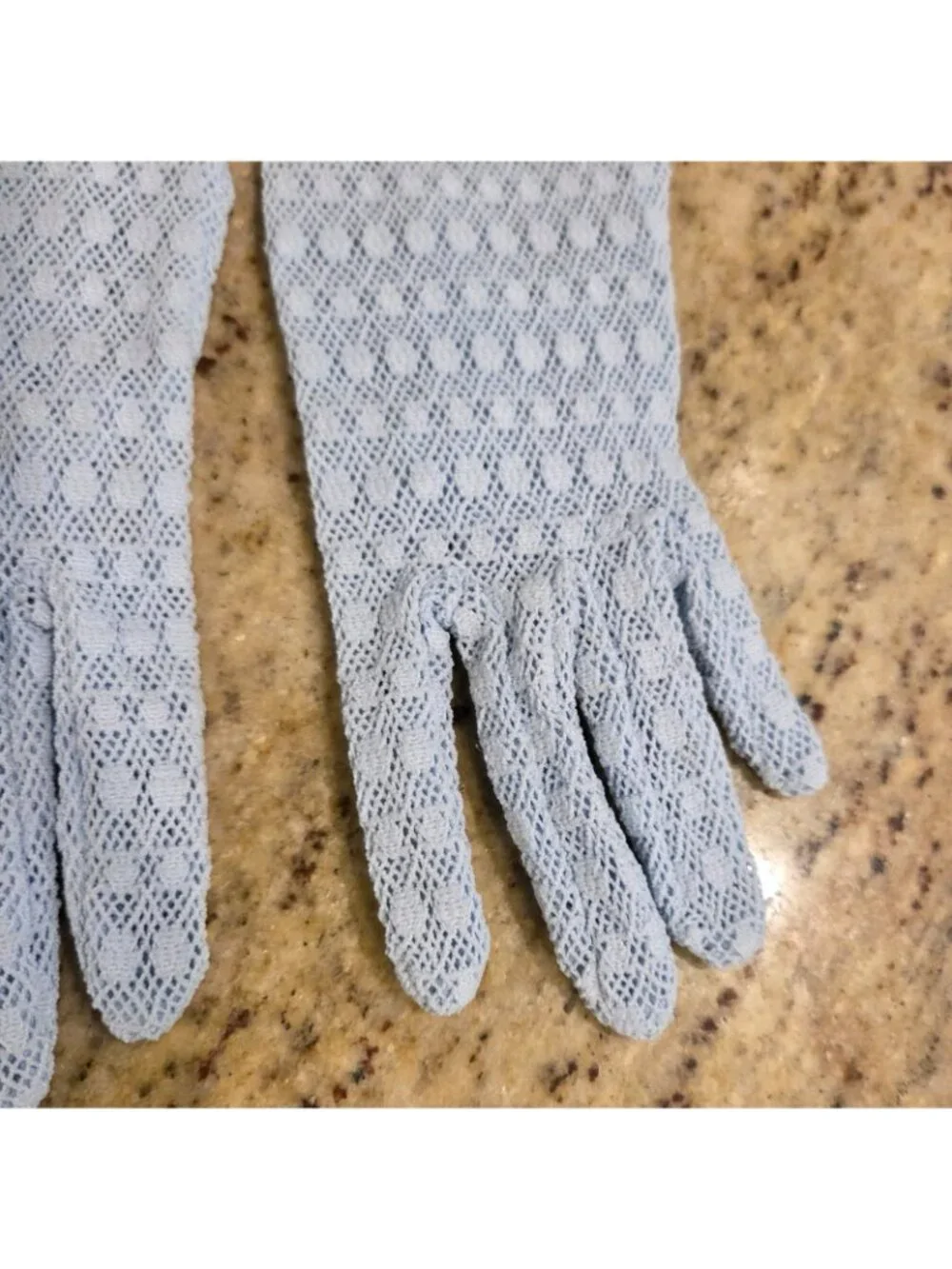 Vintage Womens Size S/M Blue Knit Lace Polkadot Stretch Nylon Formal Gloves